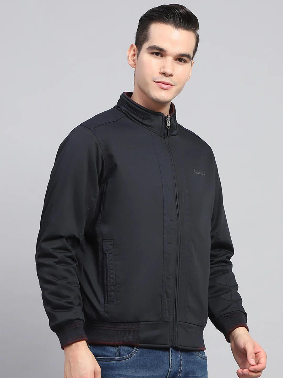 Men Navy Blue Solid Mock Neck Full Sleeve Reversible Jacket - Image 4