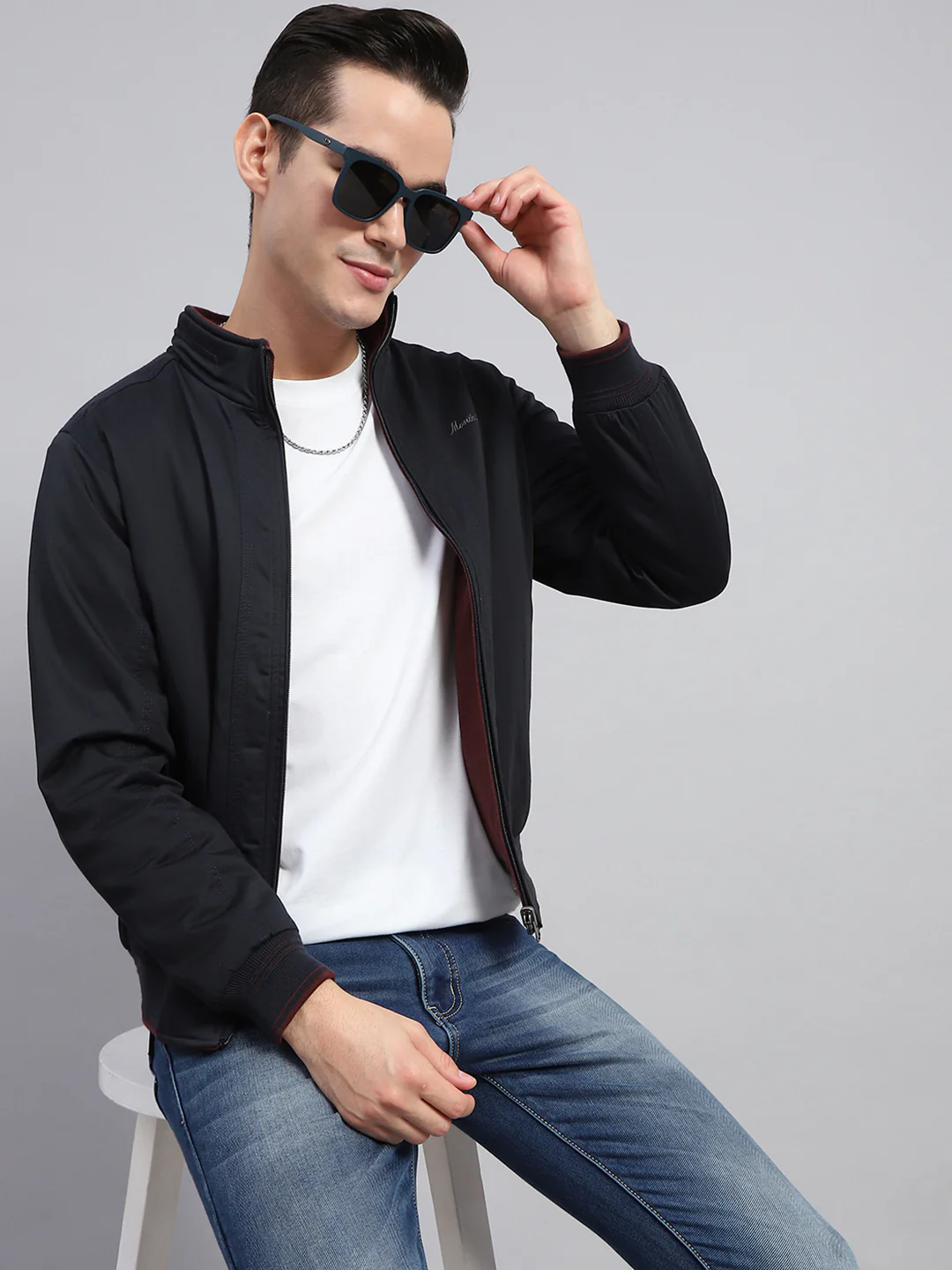 Men Navy Blue Solid Mock Neck Full Sleeve Reversible Jacket - Image 6