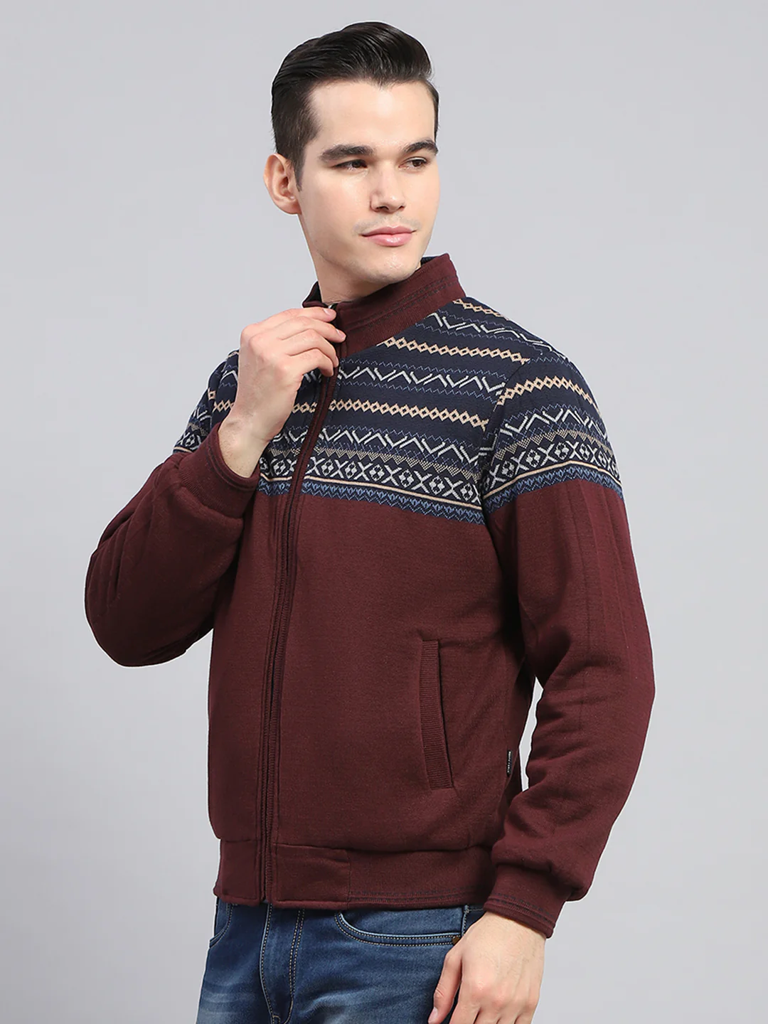 Men Navy Blue Solid Mock Neck Full Sleeve Reversible Jacket - Image 8