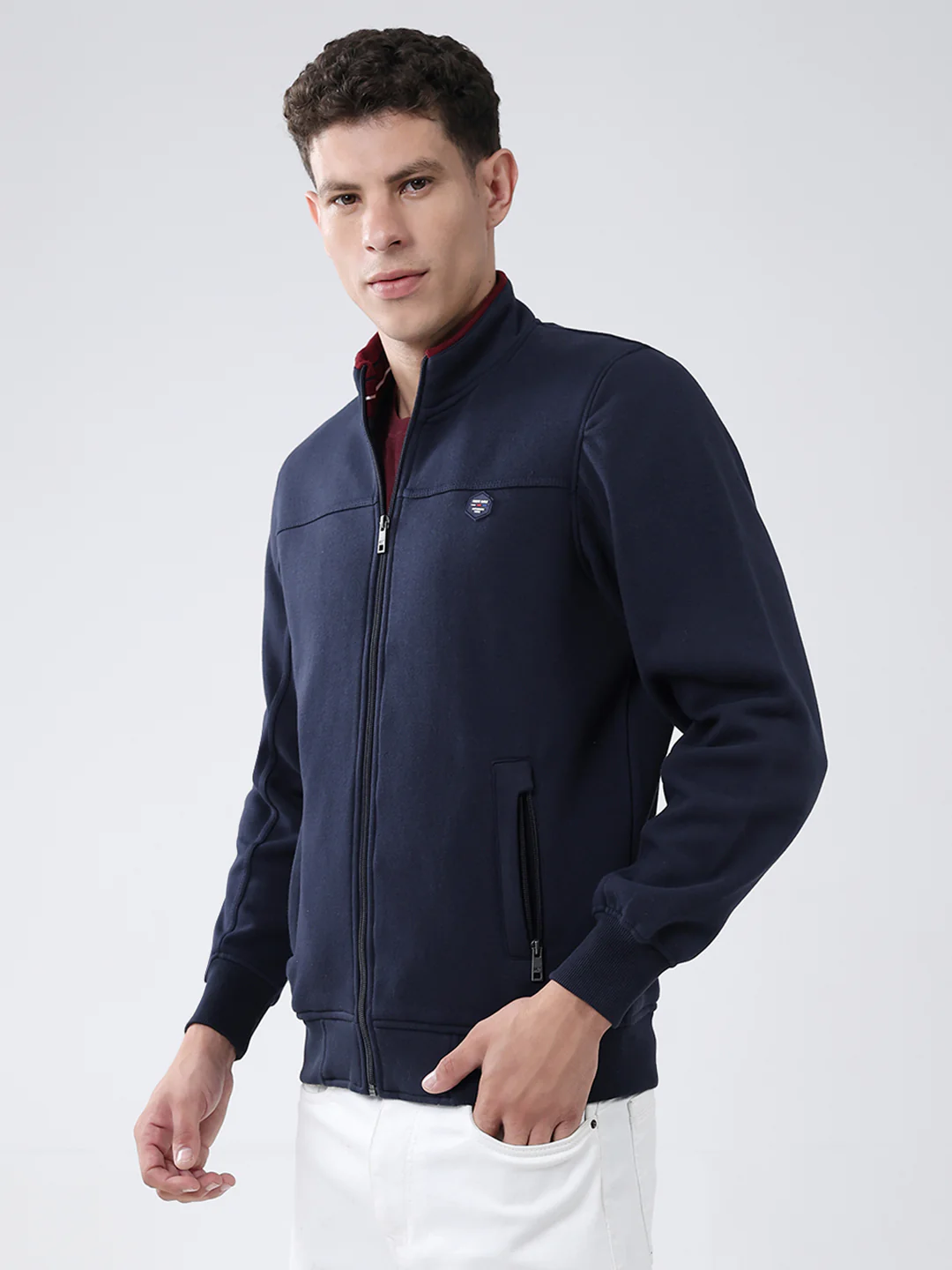 Men Navy Blue Solid Mock Neck Full Sleeve Sweatshirt - Image 3