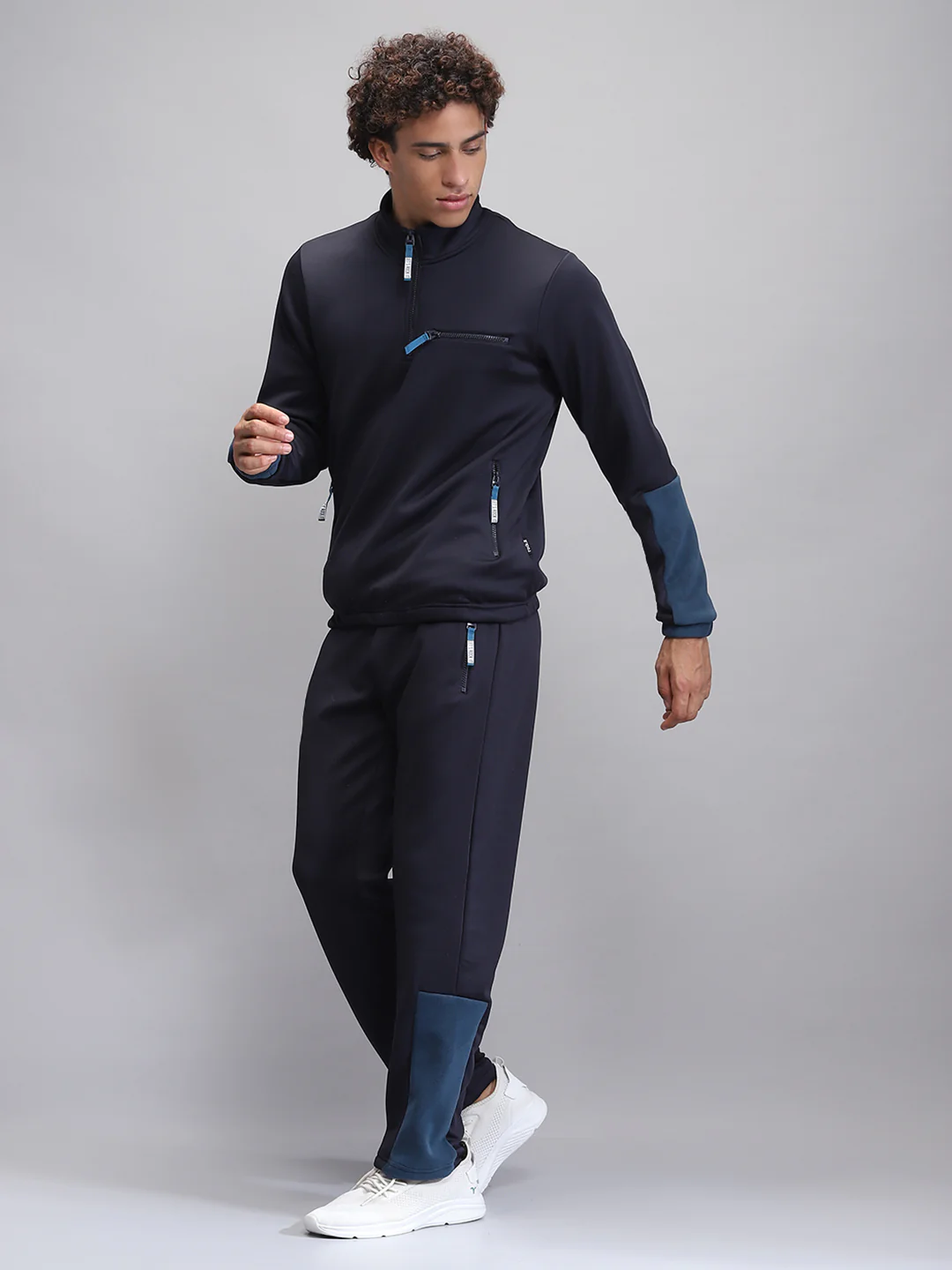 Rock.it Men Navy Blue Solid Mock Neck Full Sleeve Winter Tracksuit - Image 3