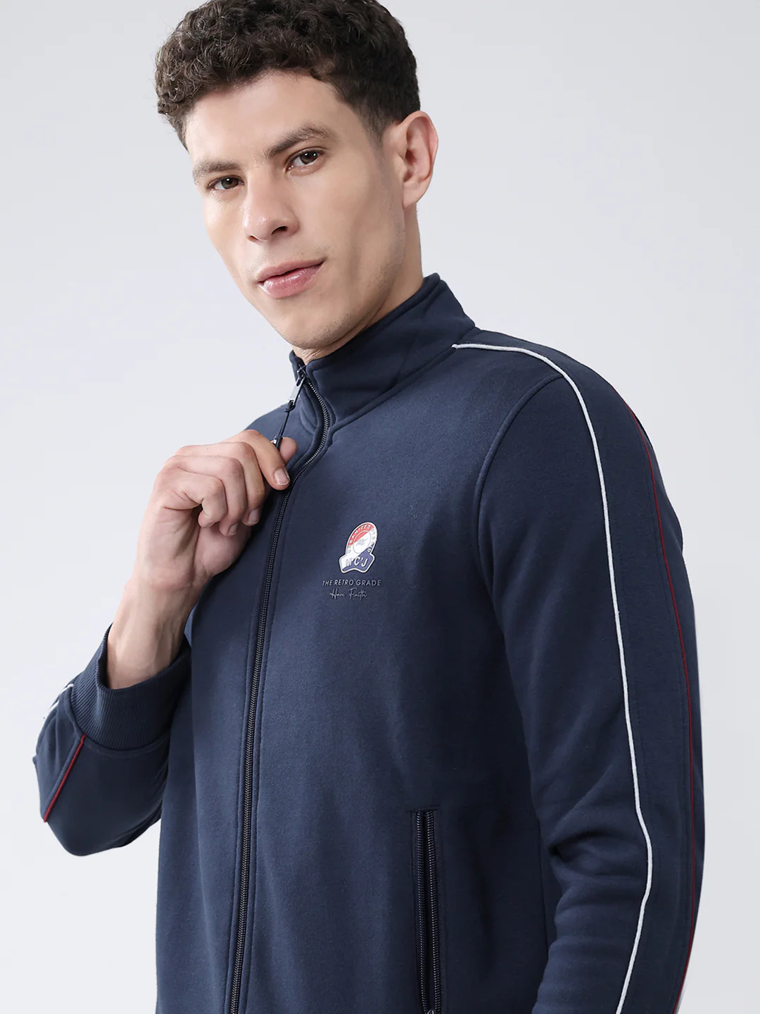 Men Navy Blue Solid Mock Neck Full Sleeve Winter Tracksuit - Image 6