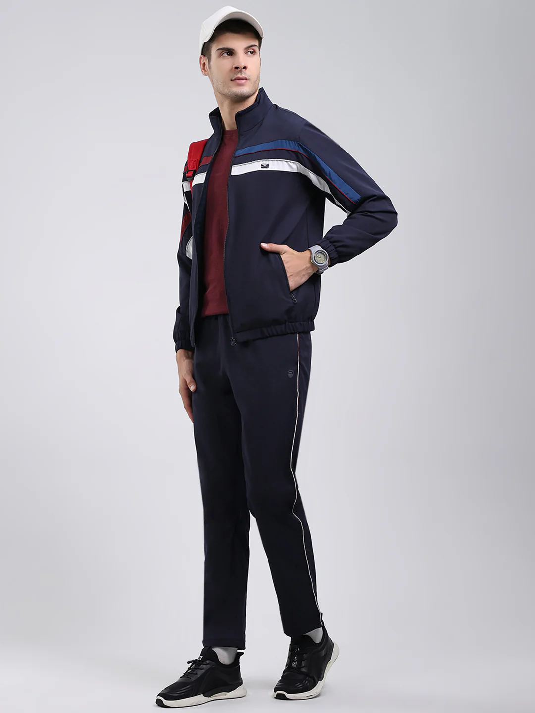 Men Navy Blue Solid Mock Neck Full Sleeve Winter Tracksuit - Image 2