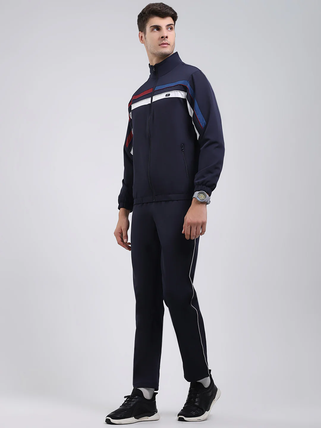 Men Navy Blue Solid Mock Neck Full Sleeve Winter Tracksuit - Image 3