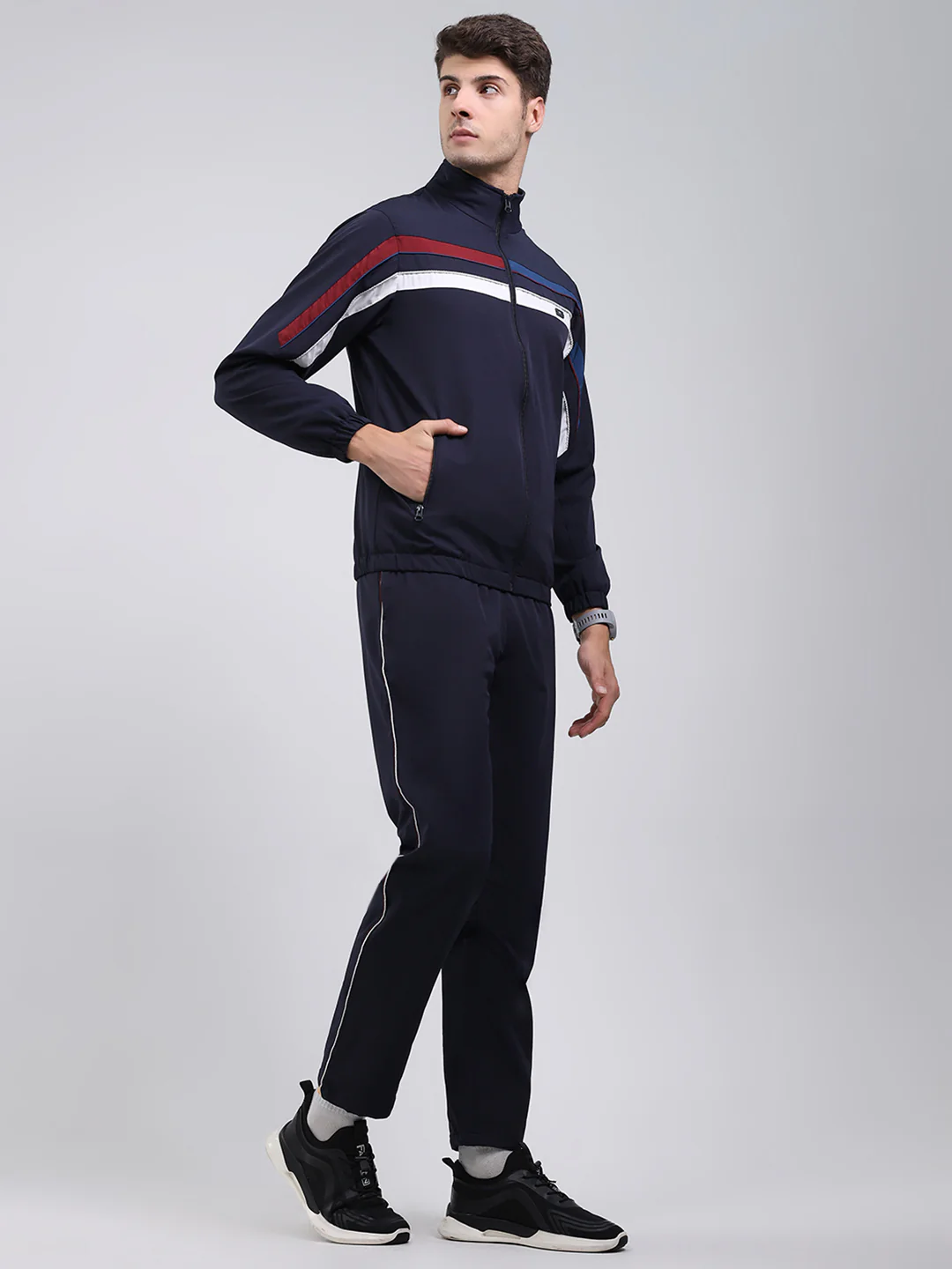 Men Navy Blue Solid Mock Neck Full Sleeve Winter Tracksuit - Image 4