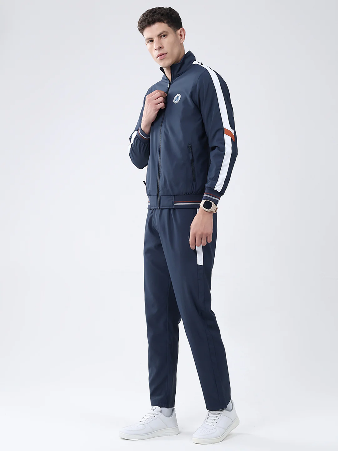 Men Navy Blue Solid Mock Neck Full Sleeve Winter Tracksuit - Image 3