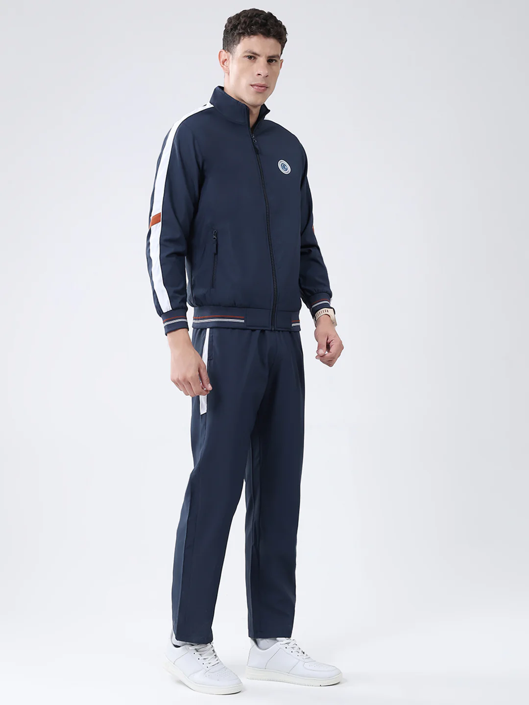 Men Navy Blue Solid Mock Neck Full Sleeve Winter Tracksuit - Image 4