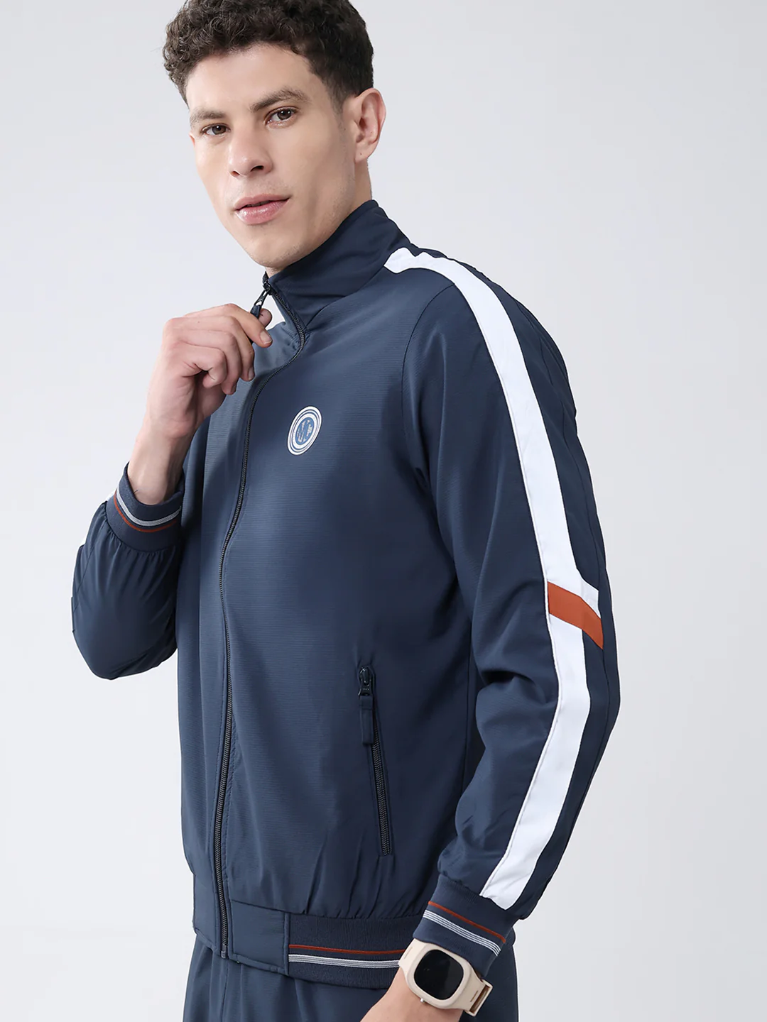Men Navy Blue Solid Mock Neck Full Sleeve Winter Tracksuit - Image 6