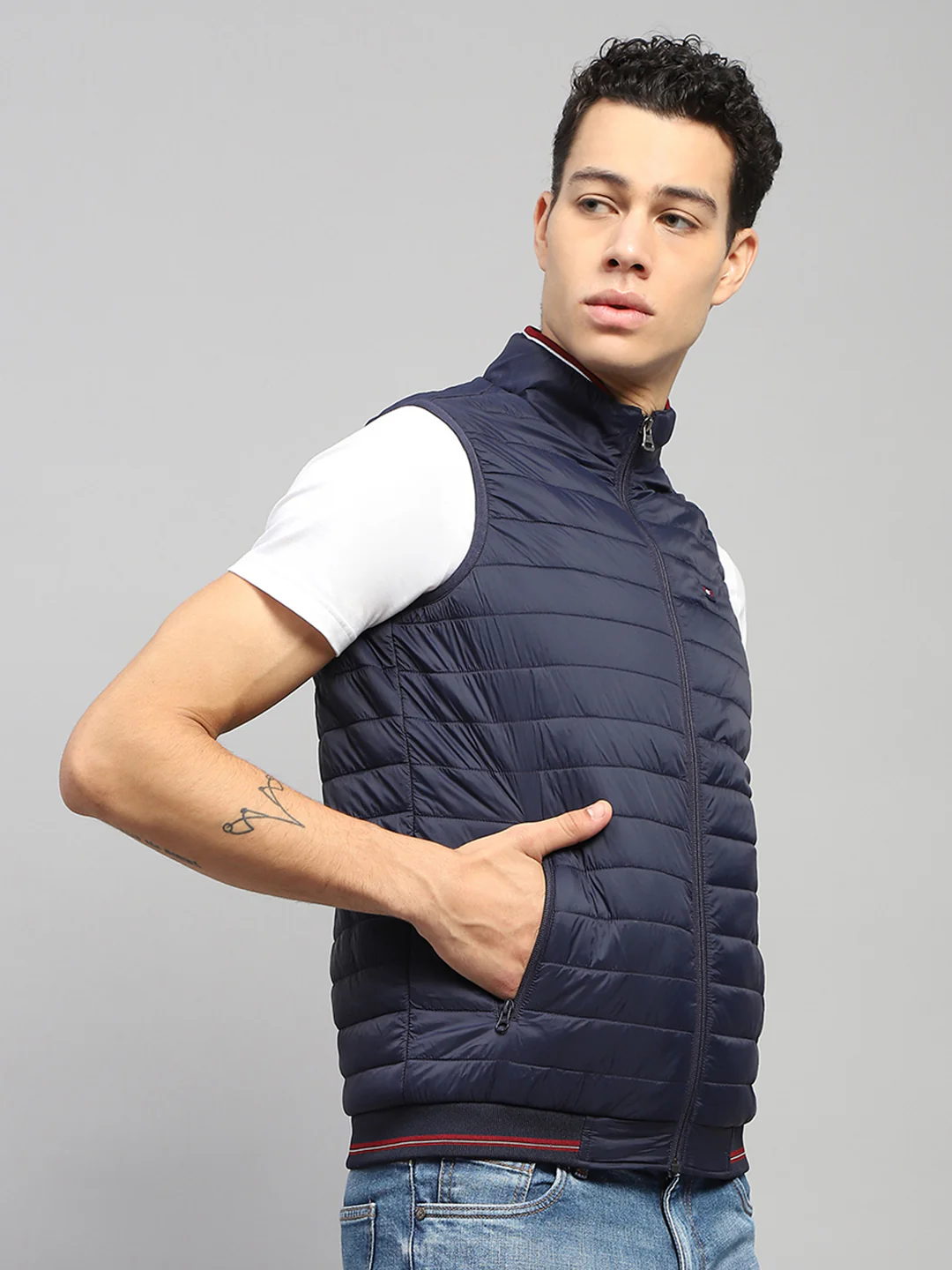 Men Navy Blue Solid Mock Neck Sleeveless Jacket - Image 4