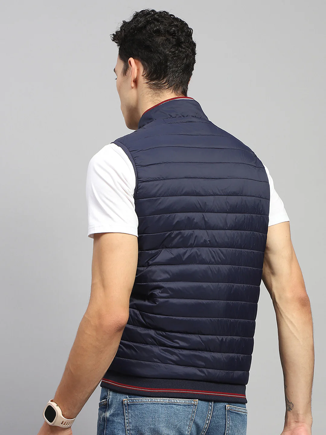 Men Navy Blue Solid Mock Neck Sleeveless Jacket - Image 5