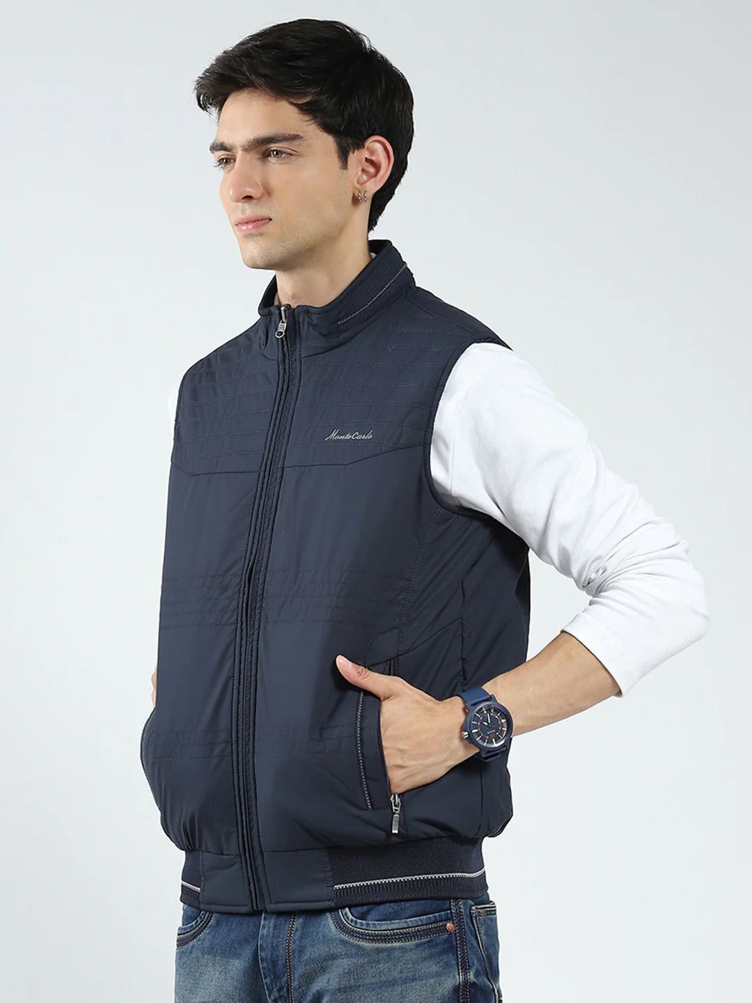 Men Navy Blue Solid Mock Neck Sleeveless Reversible Jacket - Image 3