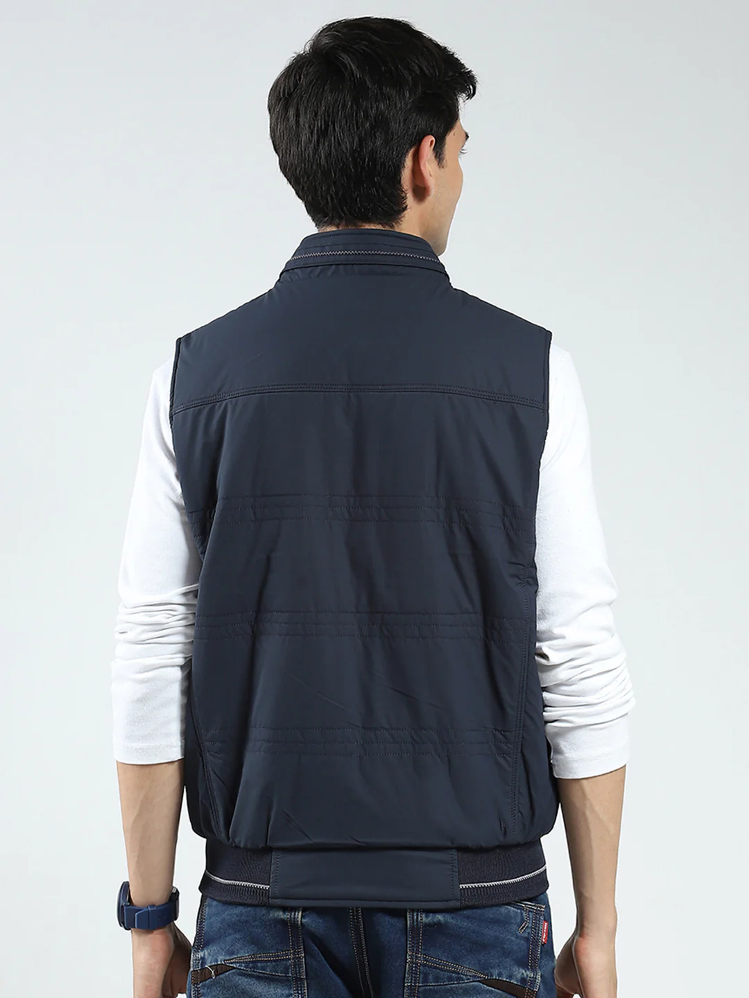 Men Navy Blue Solid Mock Neck Sleeveless Reversible Jacket - Image 5