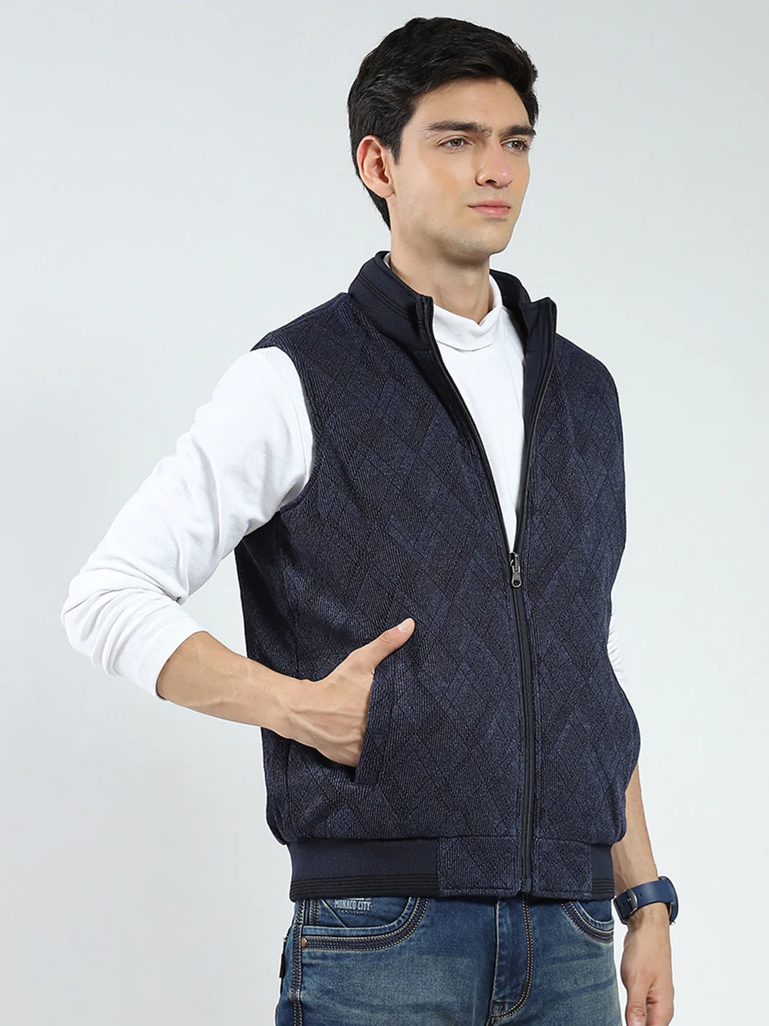 Men Navy Blue Solid Mock Neck Sleeveless Reversible Jacket - Image 7