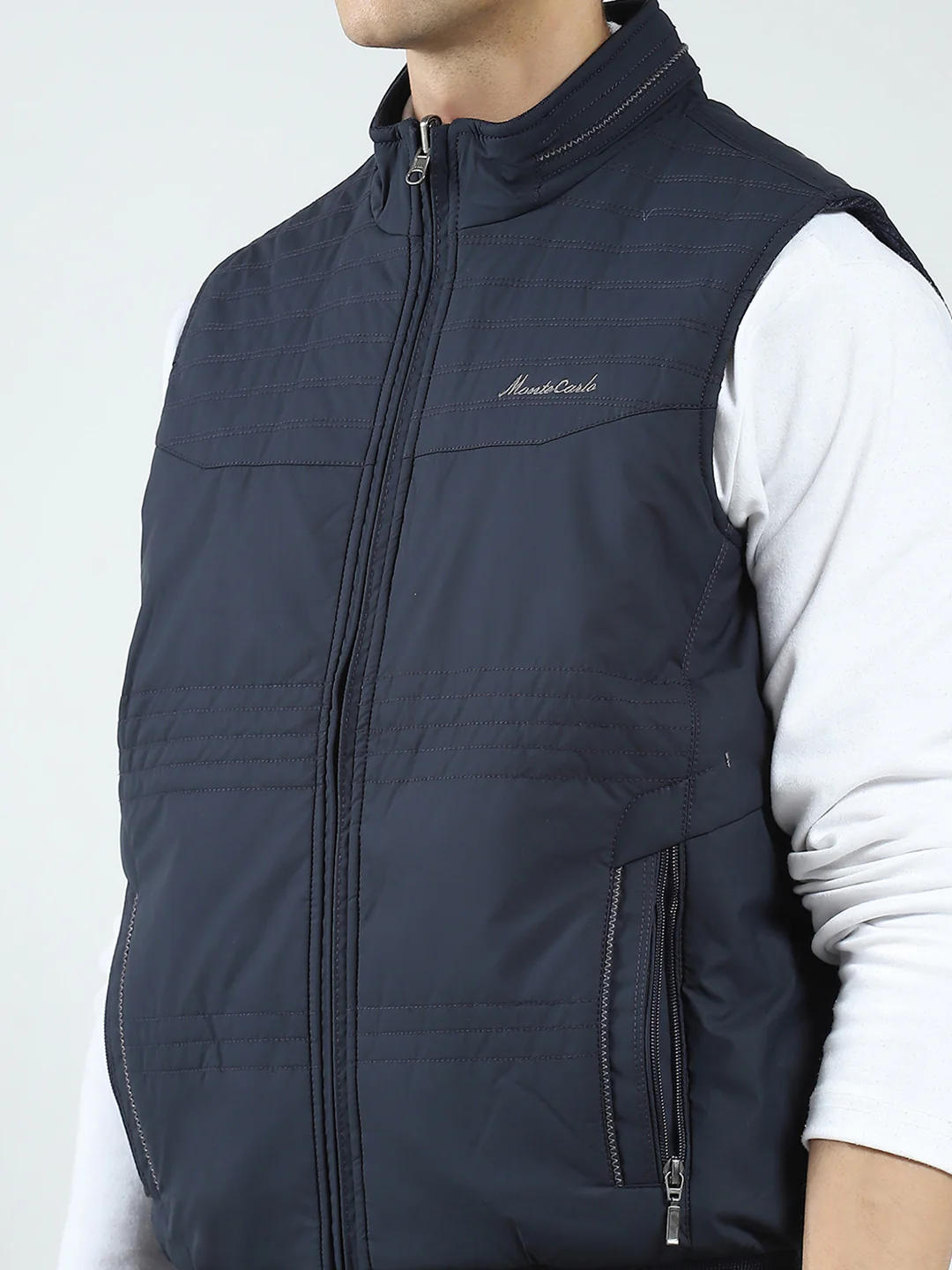 Men Navy Blue Solid Mock Neck Sleeveless Reversible Jacket - Image 9