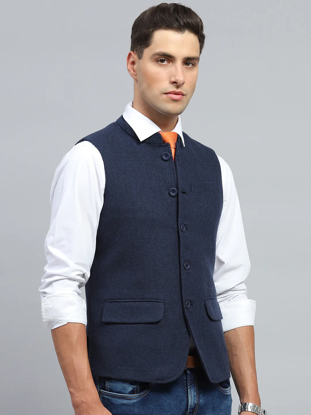 Men Navy Blue Solid Mock Neck Sleeveless Jacket - Image 4
