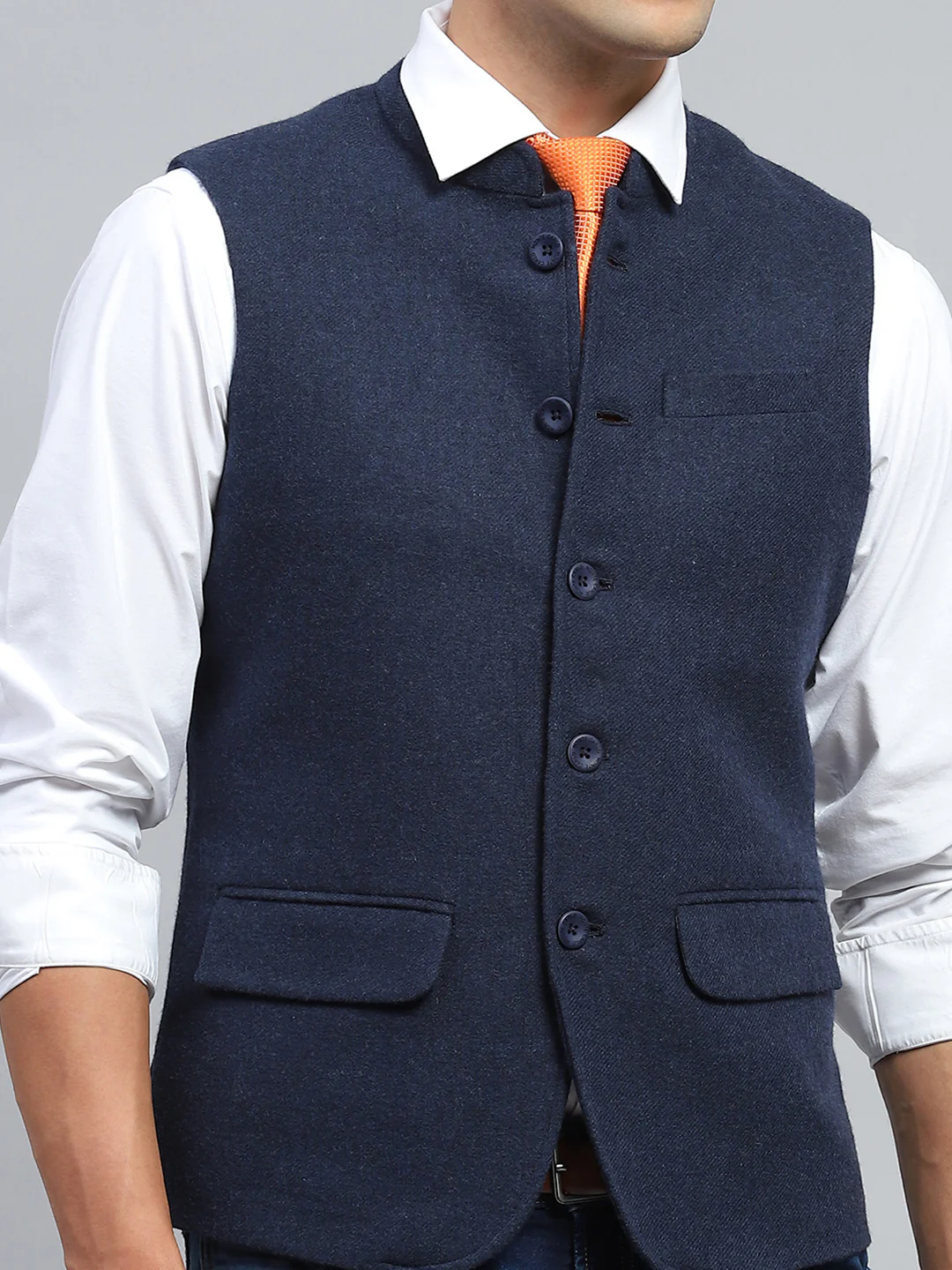 Men Navy Blue Solid Mock Neck Sleeveless Jacket - Image 6