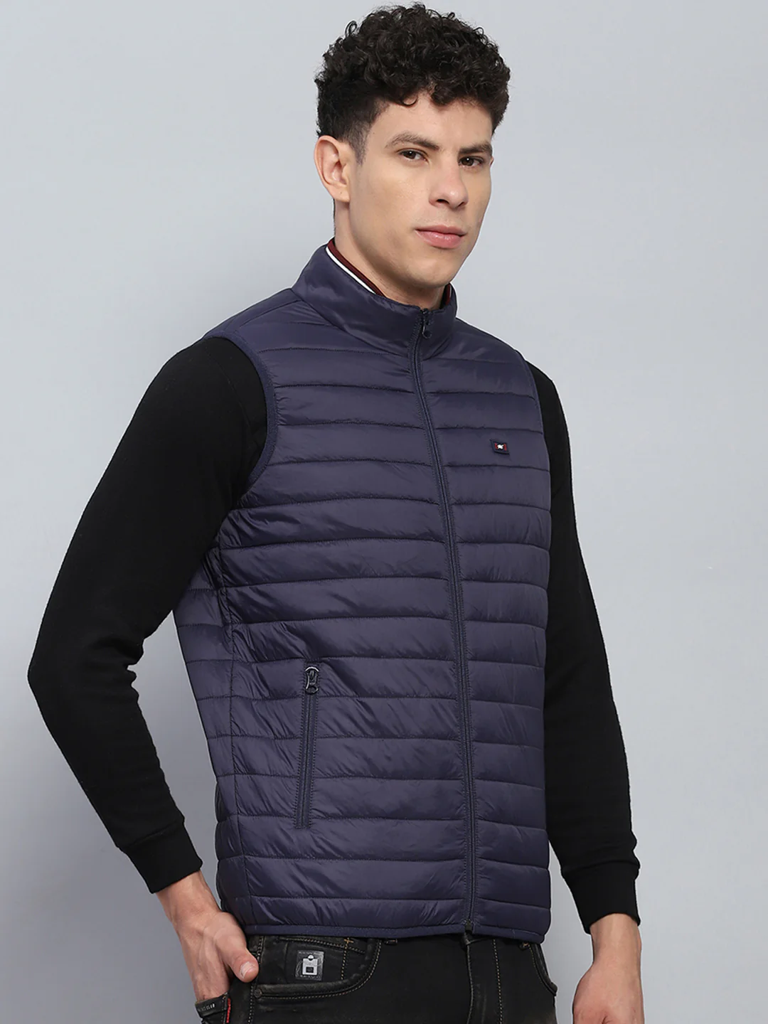 Men Navy Blue Solid Mock Neck Sleeveless Jacket - Image 4