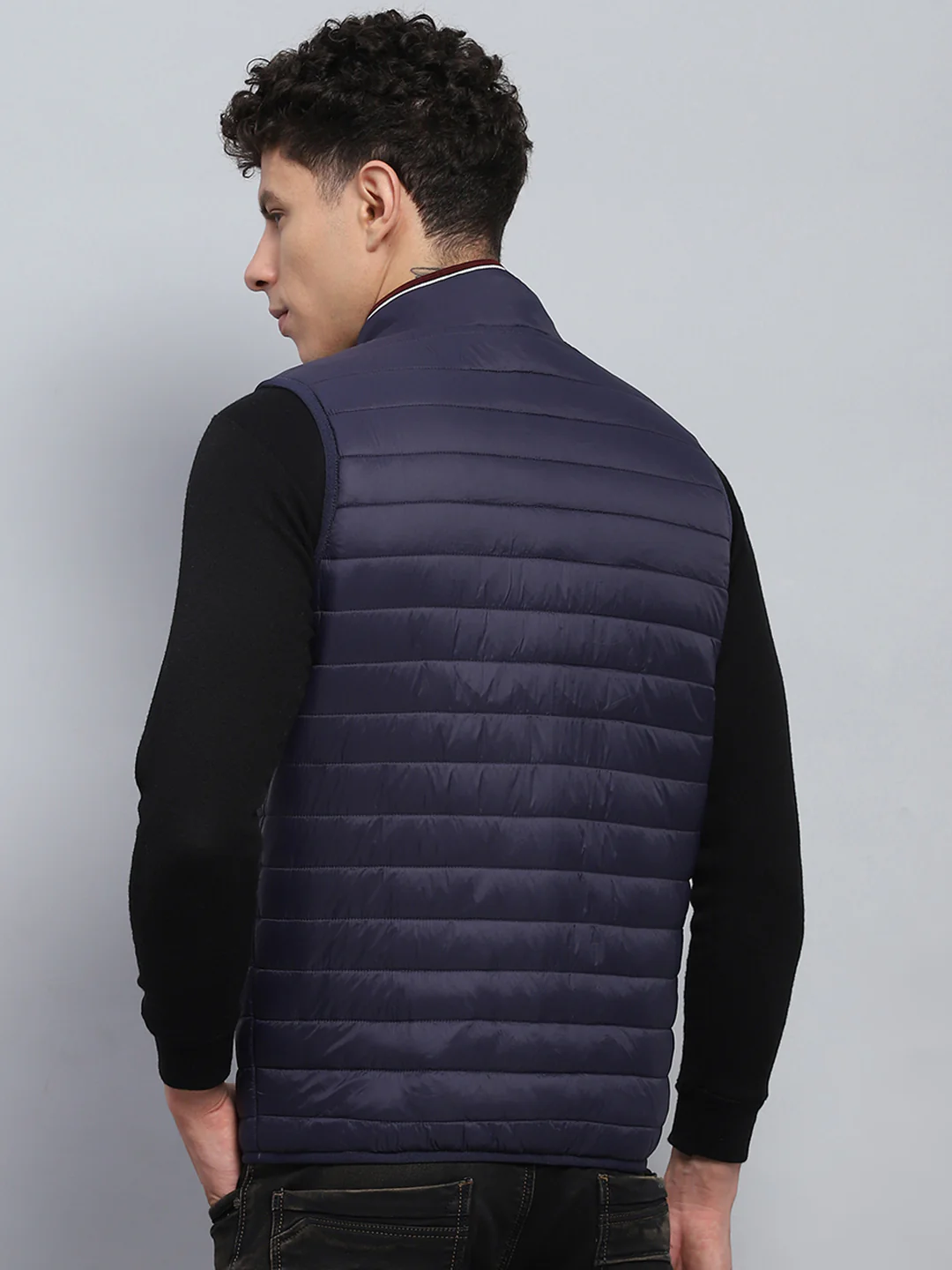 Men Navy Blue Solid Mock Neck Sleeveless Jacket - Image 5