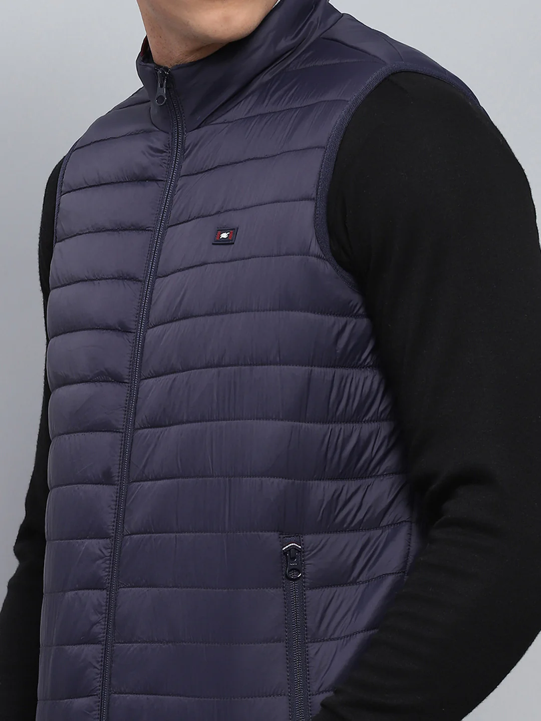 Men Navy Blue Solid Mock Neck Sleeveless Jacket - Image 6