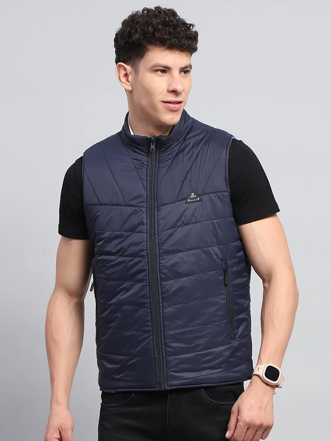 Rock.it Men Navy Blue Solid Mock Neck Sleeveless Reversible Jacket - Image 3