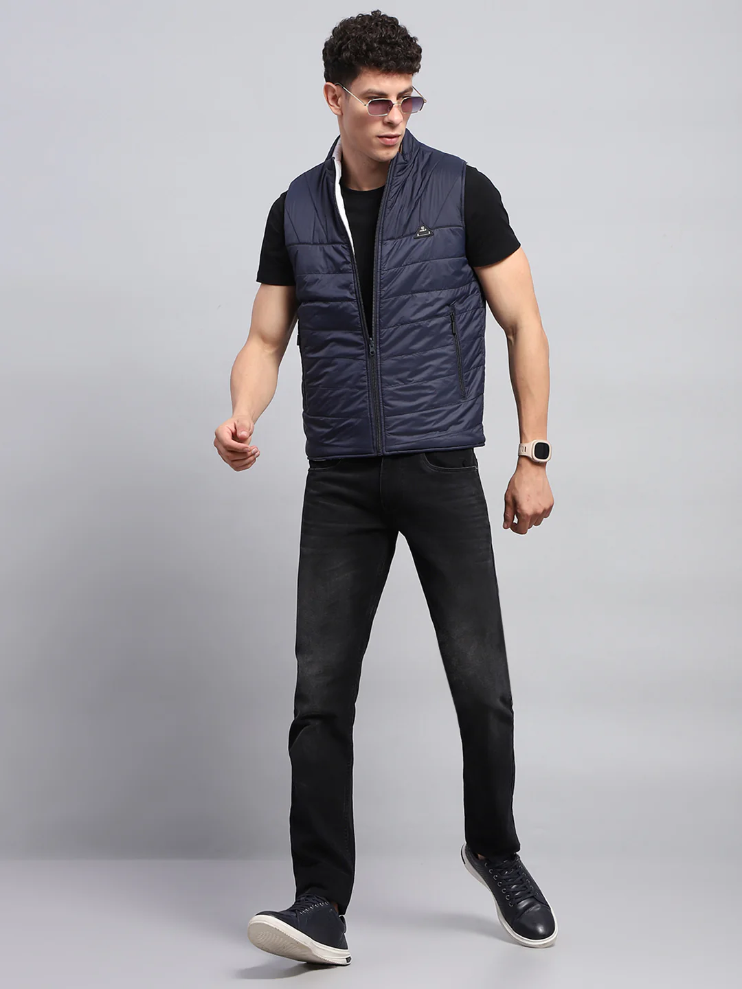 Rock.it Men Navy Blue Solid Mock Neck Sleeveless Reversible Jacket - Image 5
