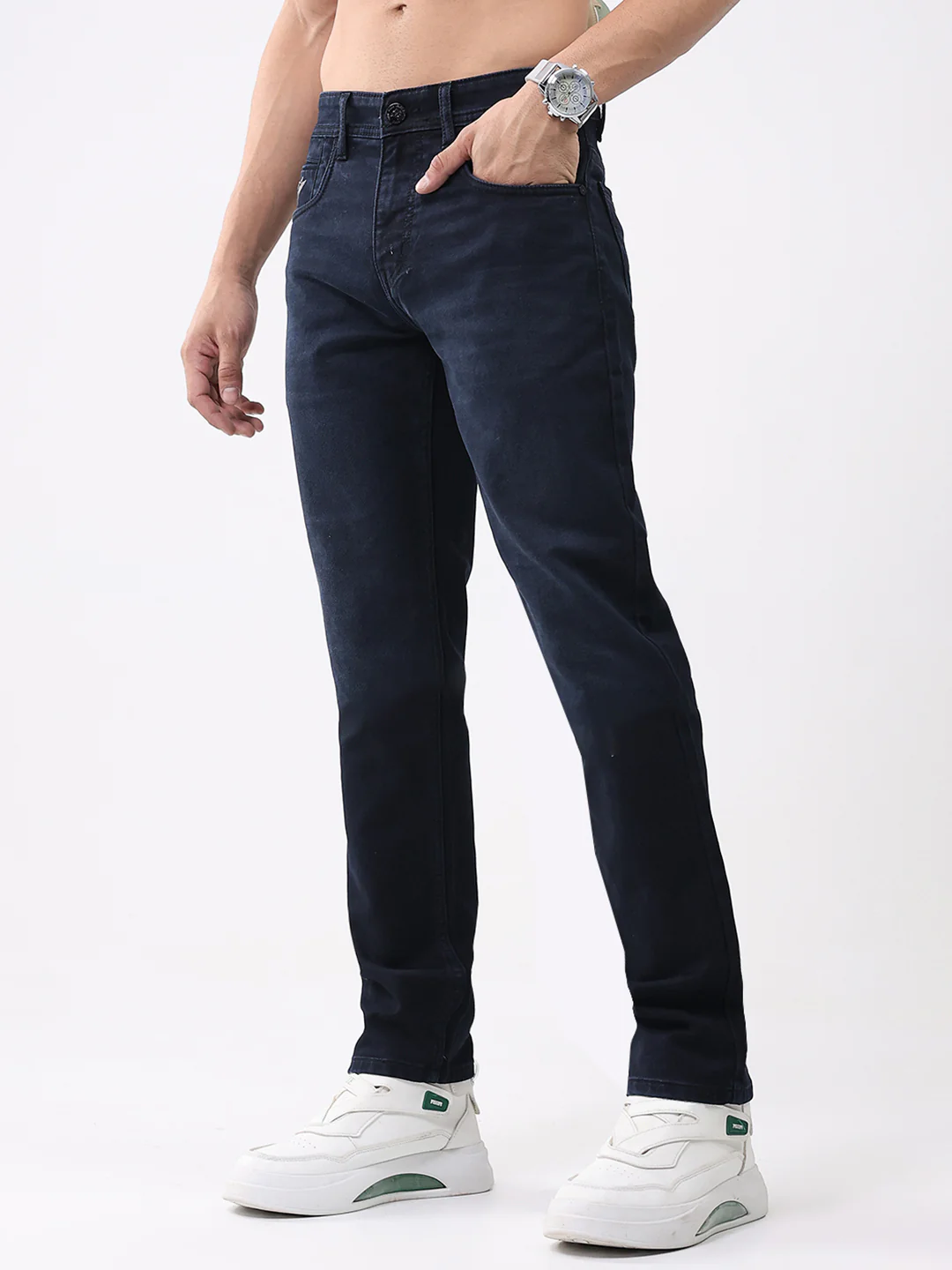 Men Navy Blue Solid Narrow Fit Denim - Image 3