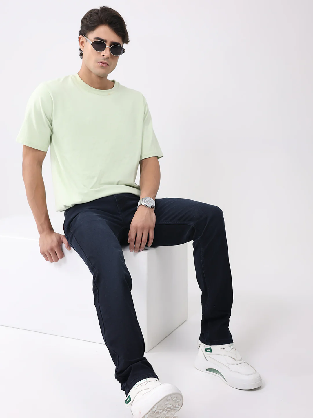 Men Navy Blue Solid Narrow Fit Denim - Image 6
