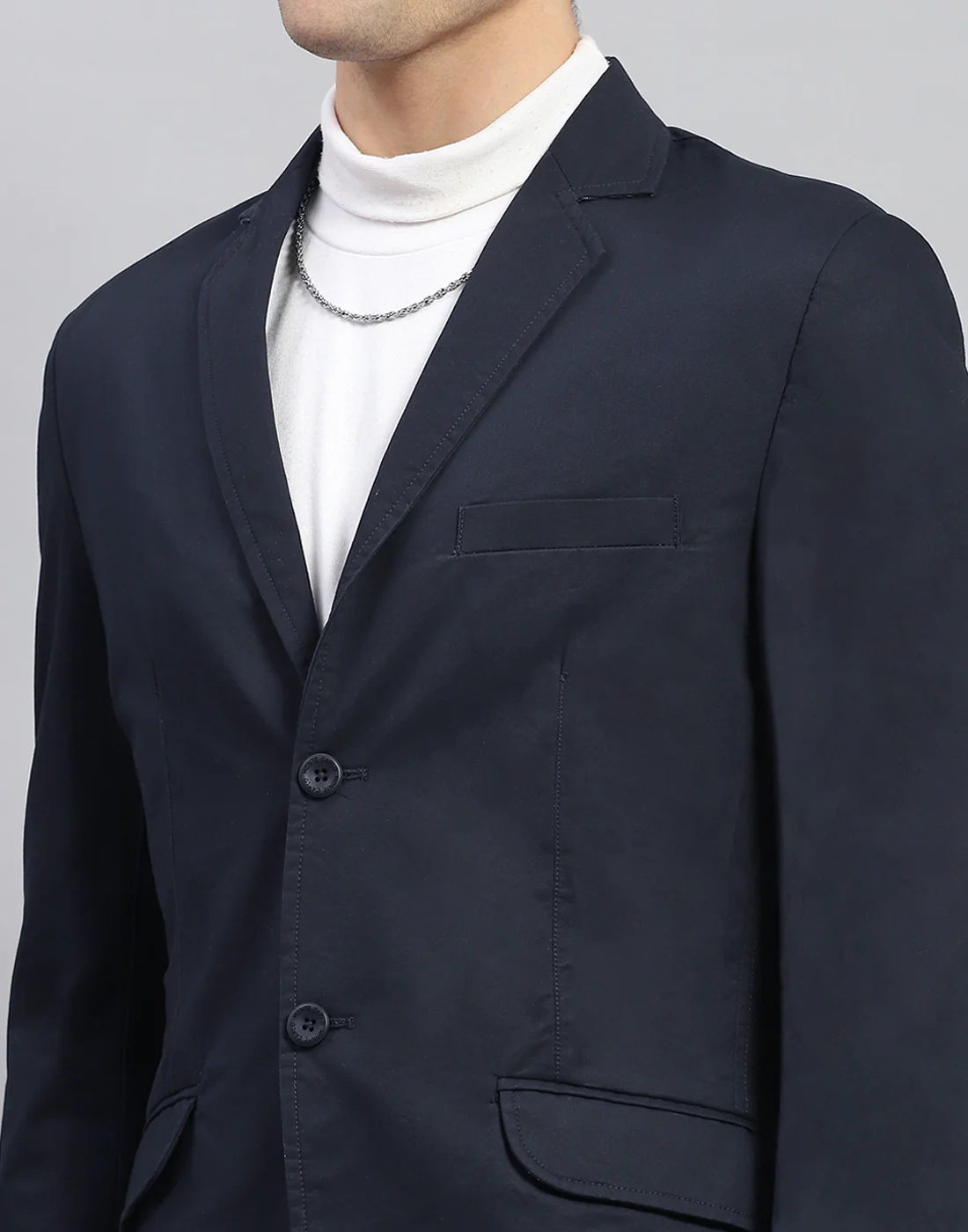 Men Navy Blue Solid Notch Lapel Collar Full Sleeve Blazer - Image 6