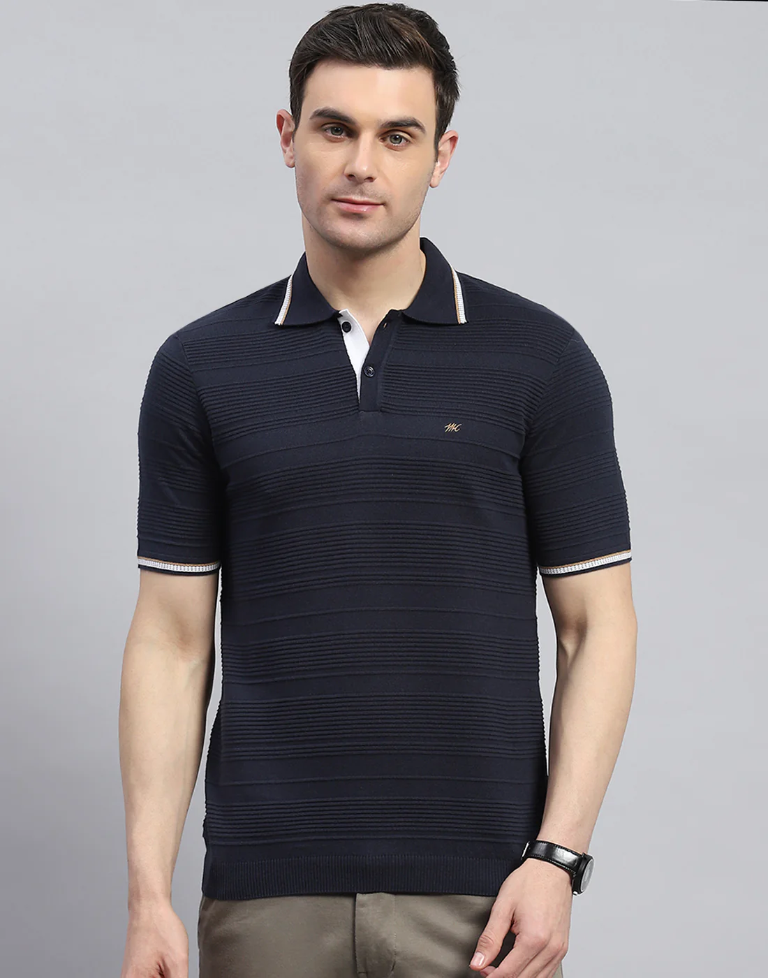 Men Navy Blue Solid Polo Collar Half Sleeve T-Shirt - Image 3