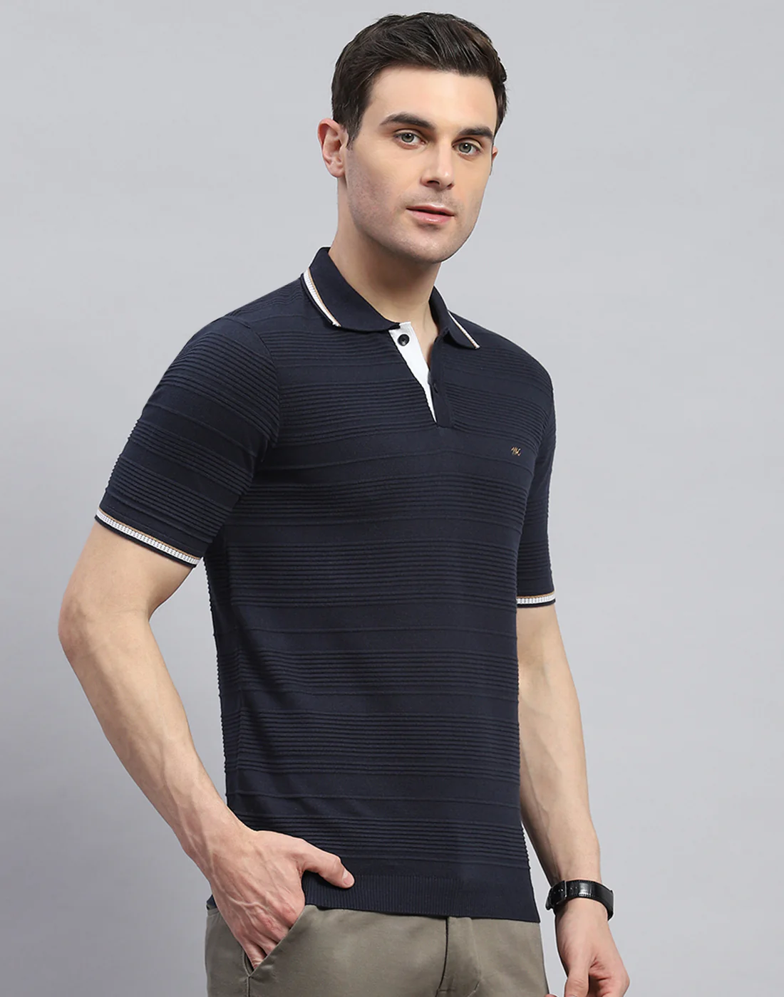 Men Navy Blue Solid Polo Collar Half Sleeve T-Shirt - Image 5