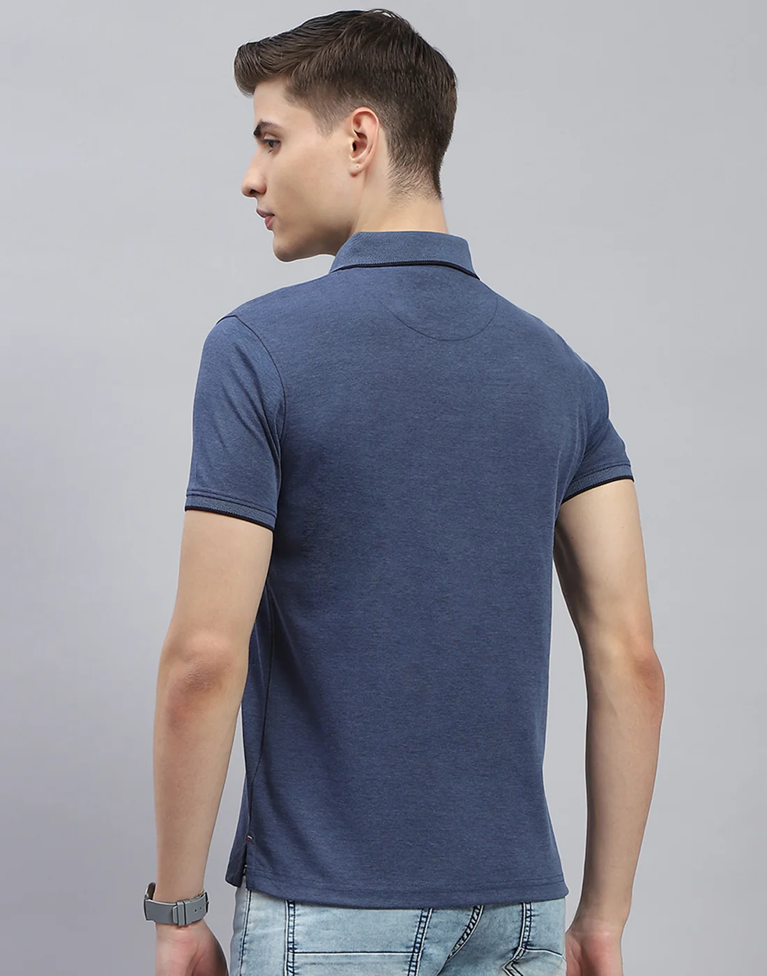 Men Navy Blue Solid Polo Collar Half Sleeve T-Shirt - Image 6