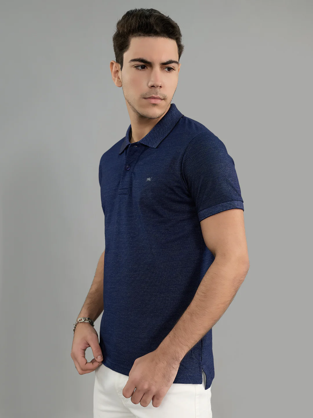Men Navy Blue Solid Polo Collar Half Sleeve T-Shirt - Image 3