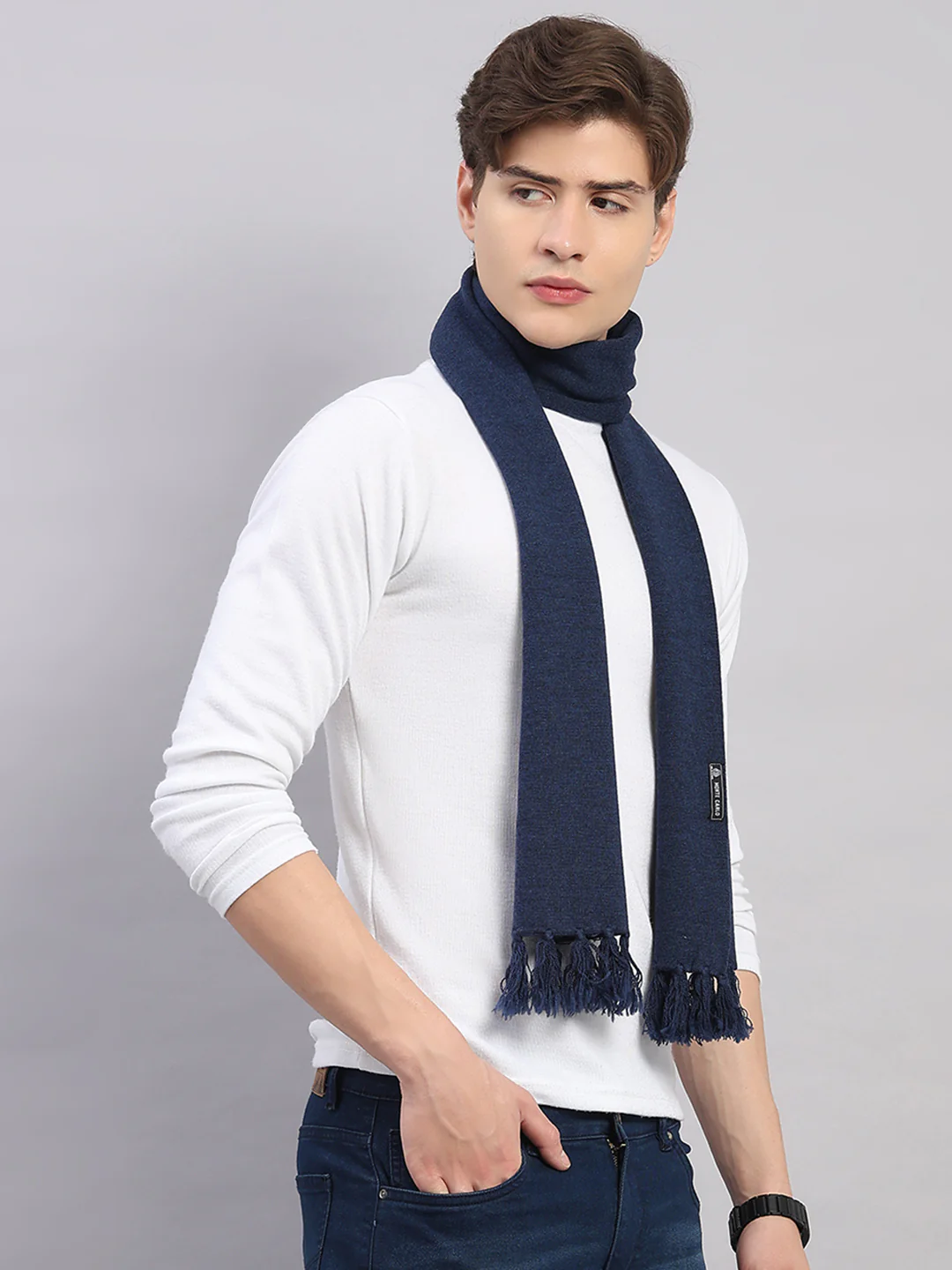 Men Navy Blue Solid Pure Wool Muffler - Image 5