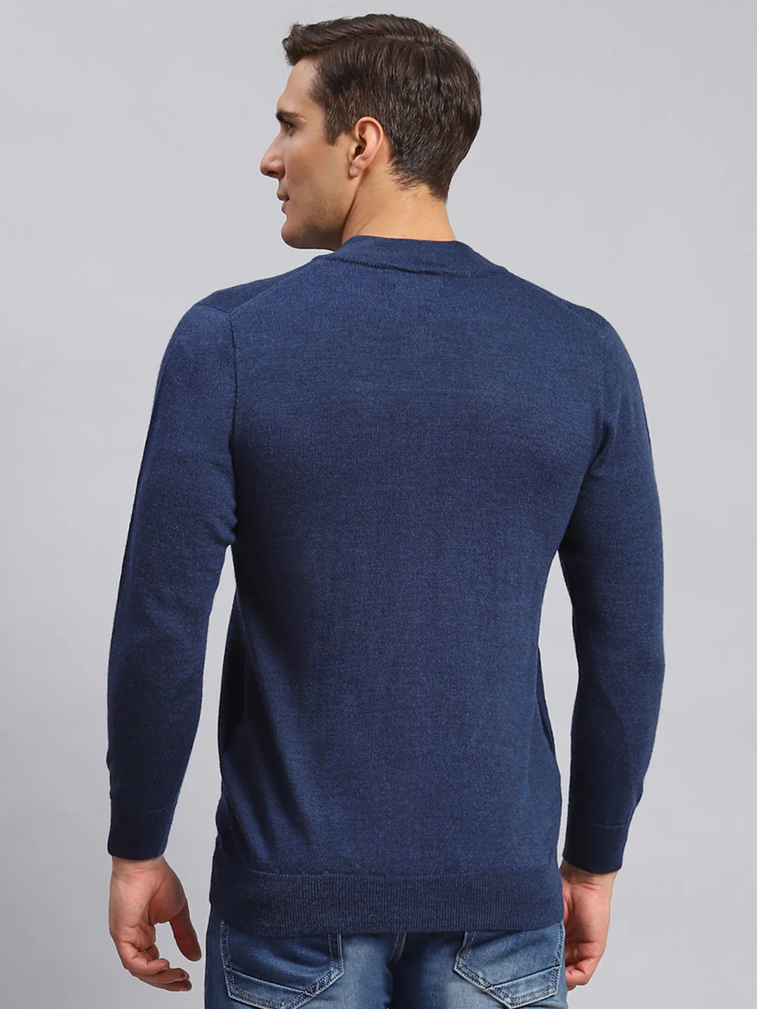 Men Navy Blue Solid Pure wool Pullover - Image 5