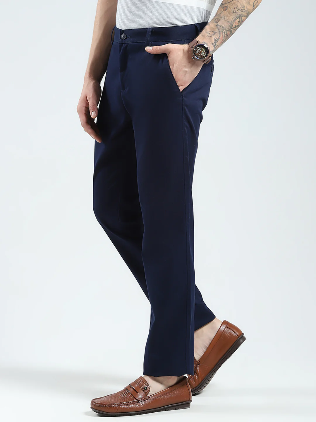 Men Navy Blue Solid Regular Fit Trouser - Image 3