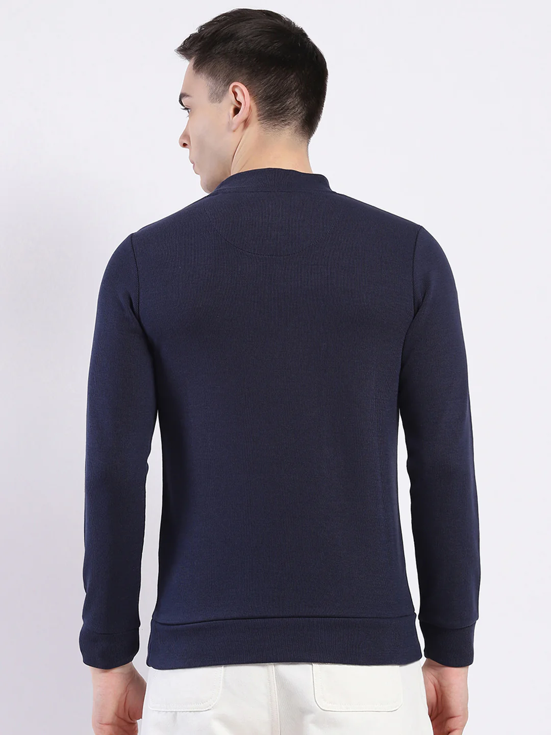 Men Navy Blue Solid Round Neck Full Sleeve Winter T-Shirt - Image 5