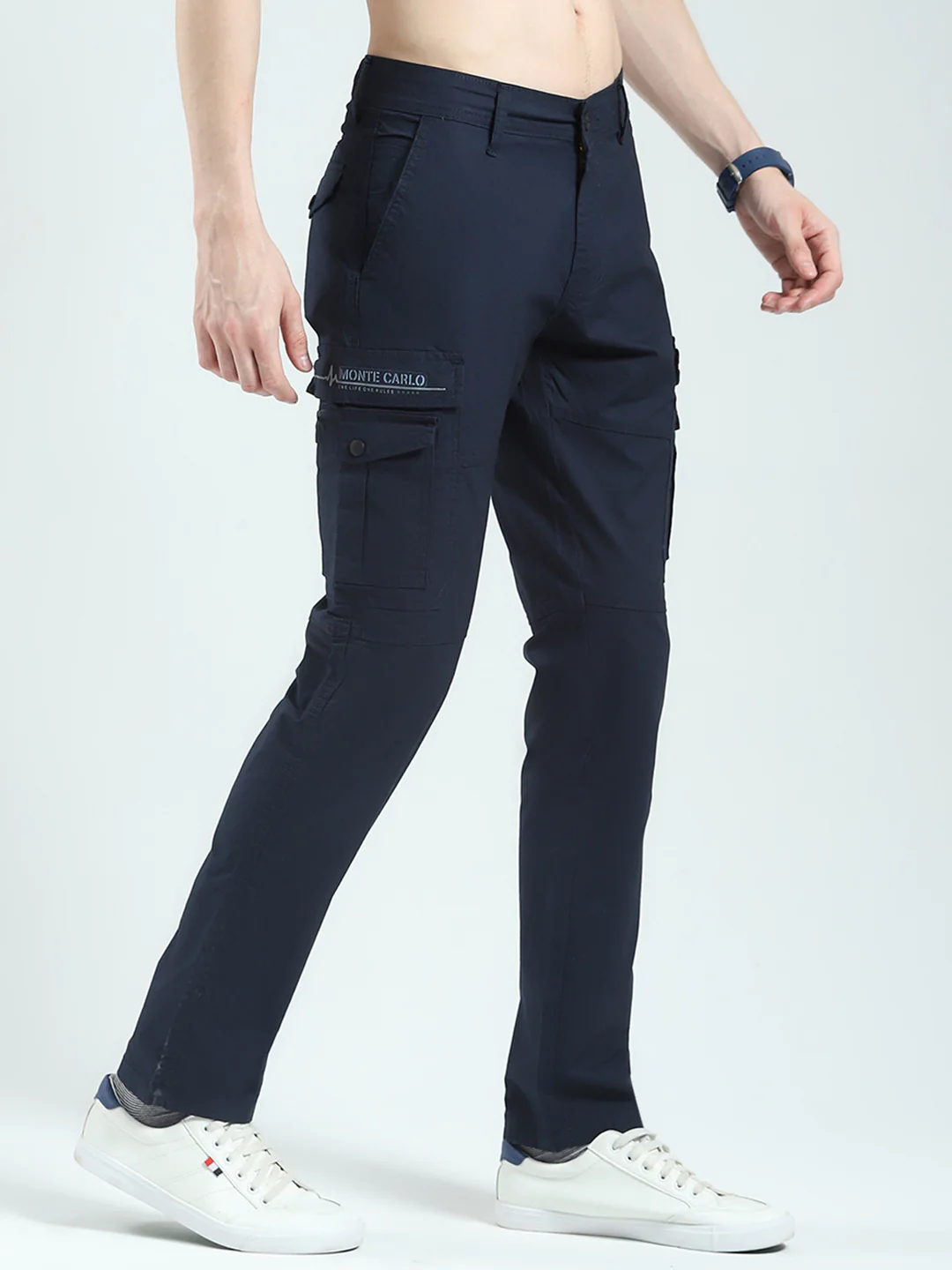 Men Navy Blue Solid Slim Fit Cargo - Image 4