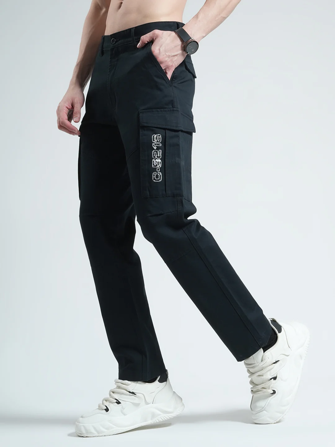 Men Navy Blue Solid Slim Fit Cargo - Image 3