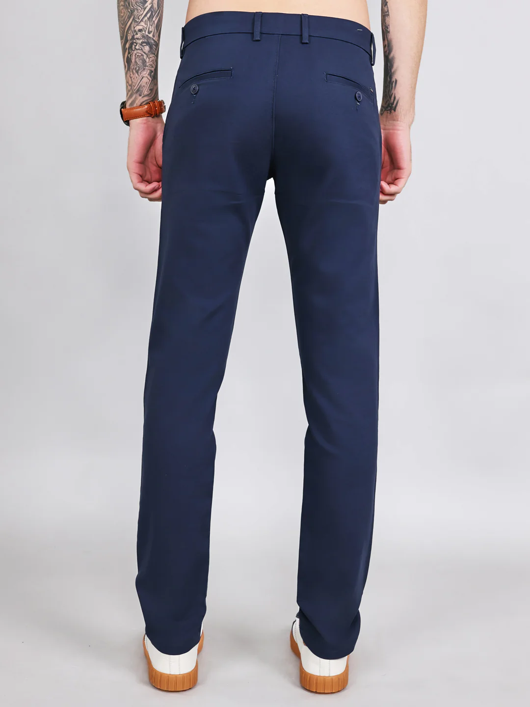 Men Navy Blue Solid Slim Fit Trouser - Image 5
