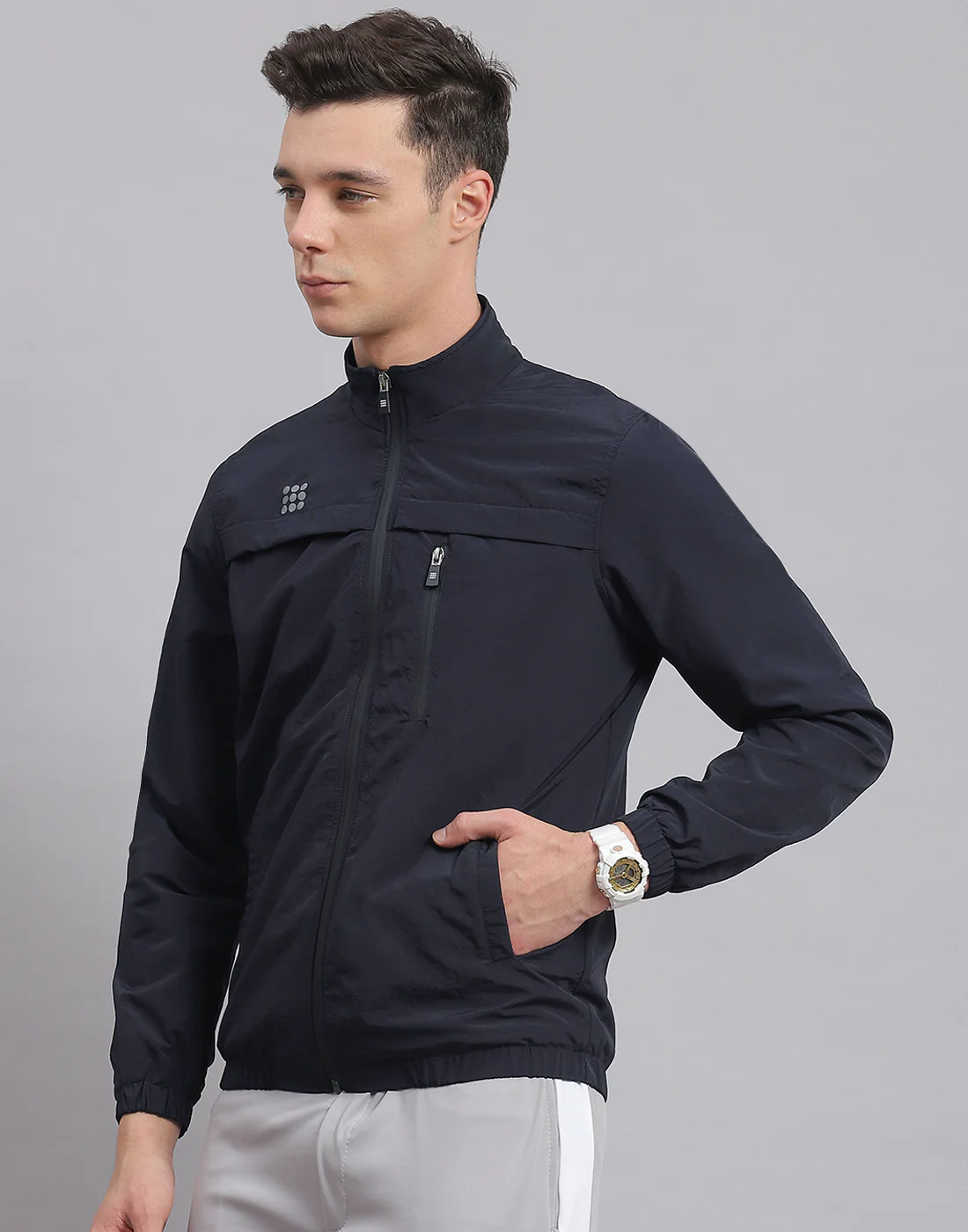 Rock.it Men Navy Blue Solid Stand Collar Full Sleeve Jacket - Image 3