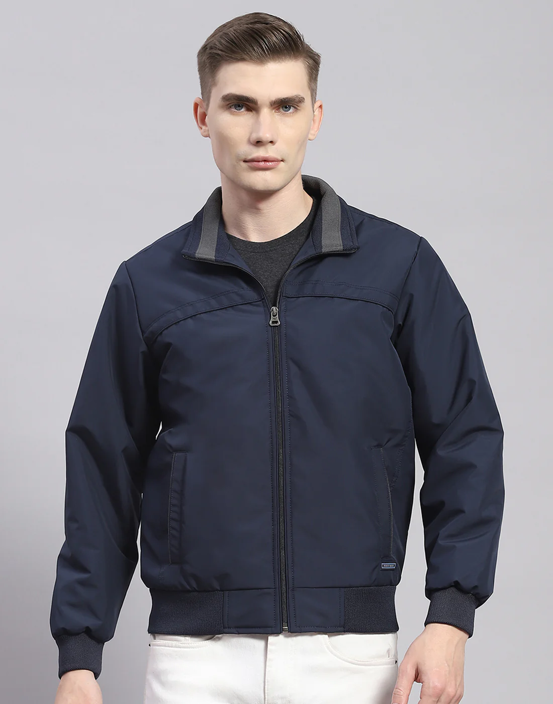 Men Navy Blue Solid Stand Collar Full Sleeve Jacket - Image 2