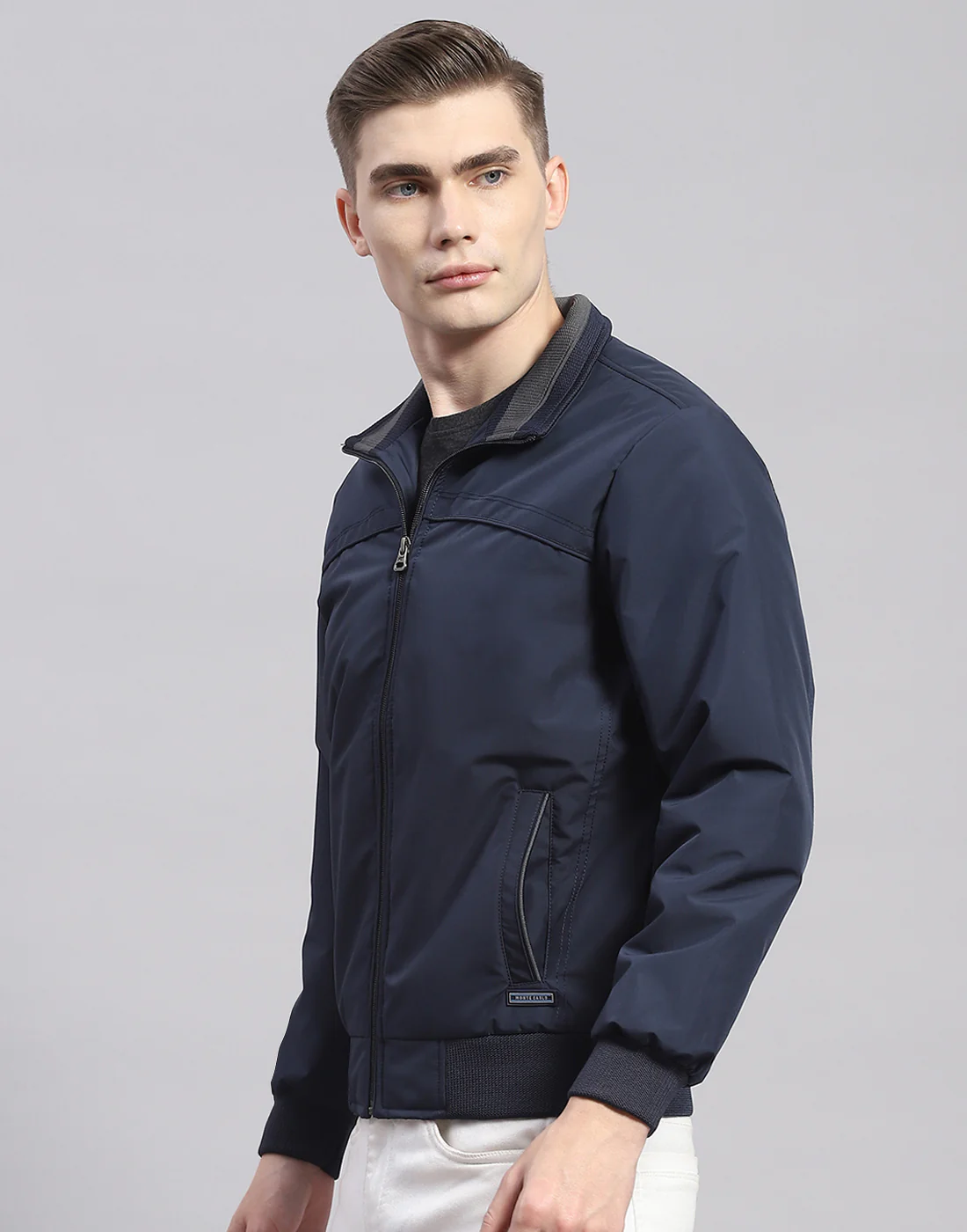 Men Navy Blue Solid Stand Collar Full Sleeve Jacket - Image 3