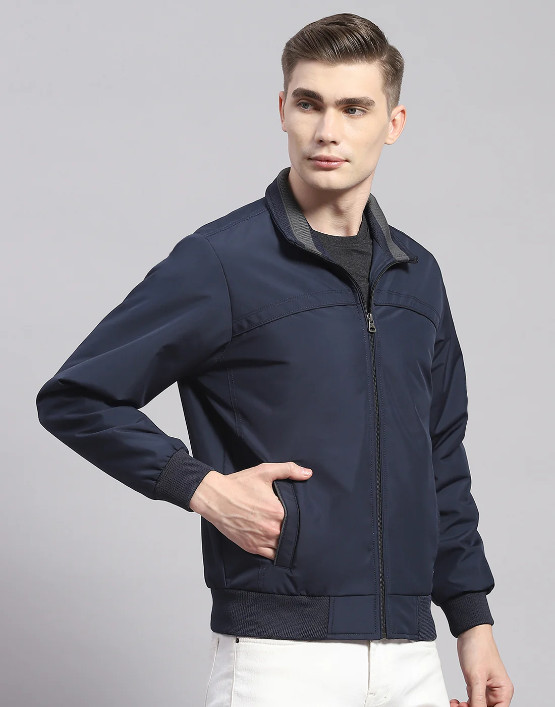 Men Navy Blue Solid Stand Collar Full Sleeve Jacket - Image 4