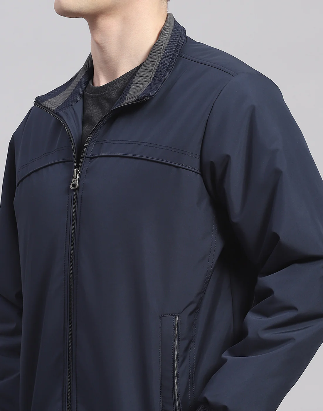 Men Navy Blue Solid Stand Collar Full Sleeve Jacket - Image 6