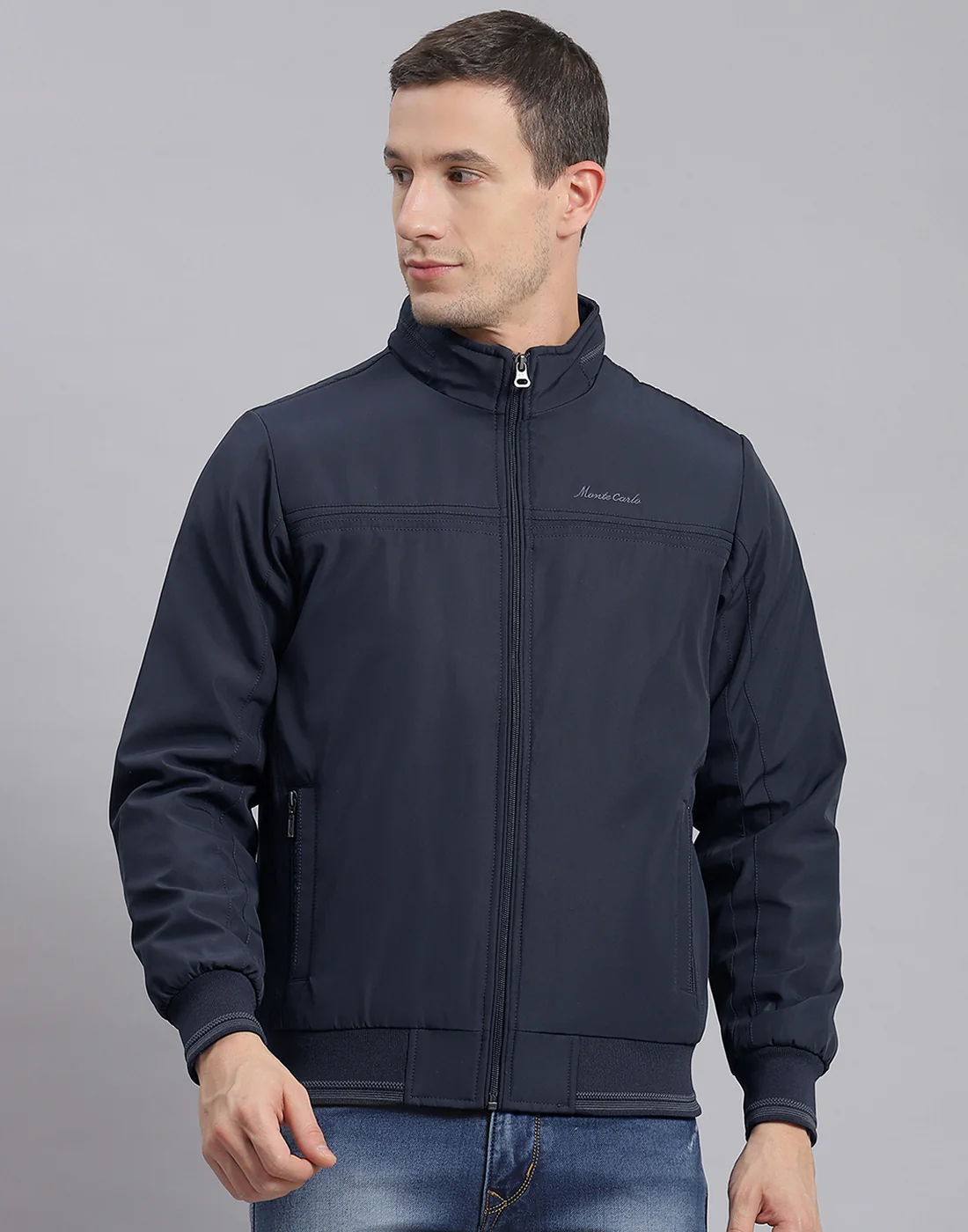 Men Navy Blue Solid Stand Collar Full Sleeve Jacket - Image 2