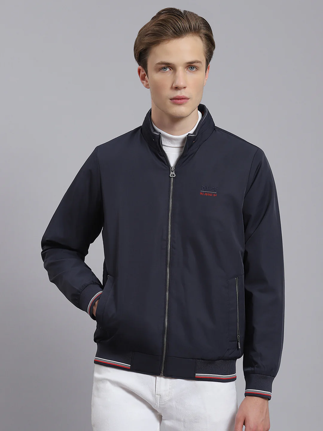 Men Navy Blue Solid Stand Collar Full Sleeve Jacket - Image 2