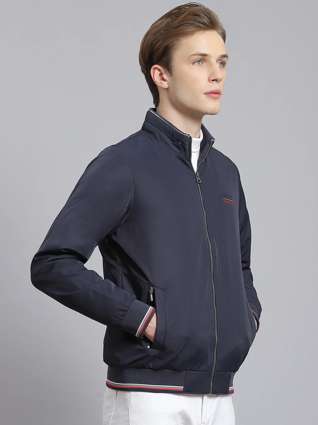 Men Navy Blue Solid Stand Collar Full Sleeve Jacket - Image 4