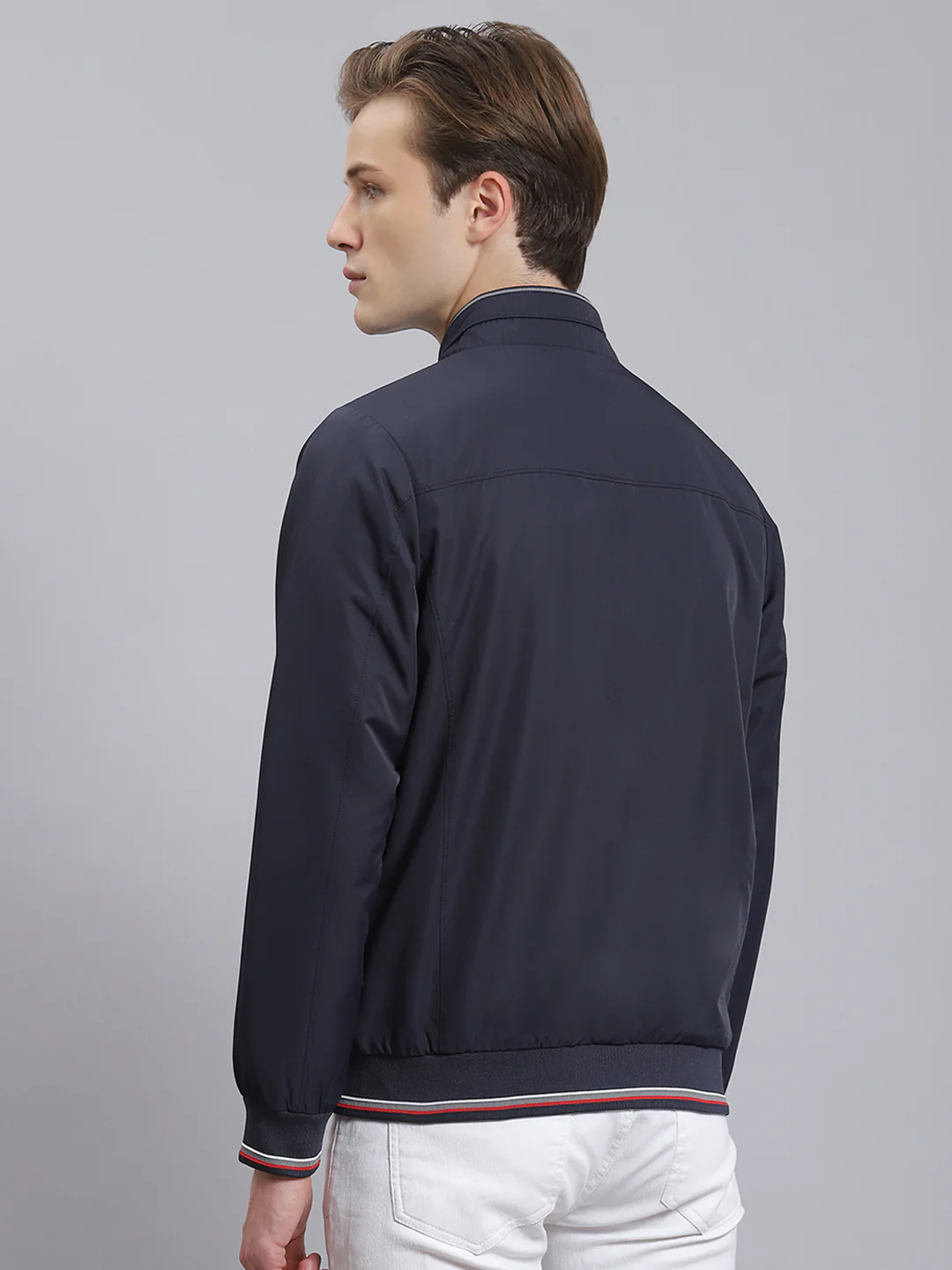 Men Navy Blue Solid Stand Collar Full Sleeve Jacket - Image 5