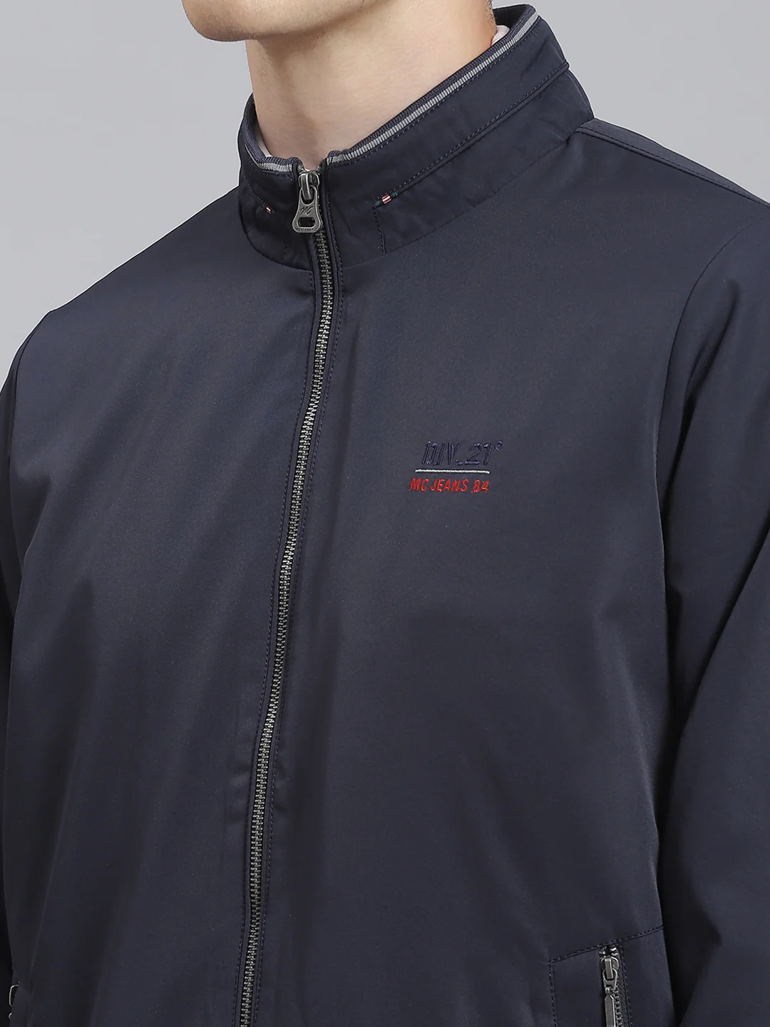 Men Navy Blue Solid Stand Collar Full Sleeve Jacket - Image 6