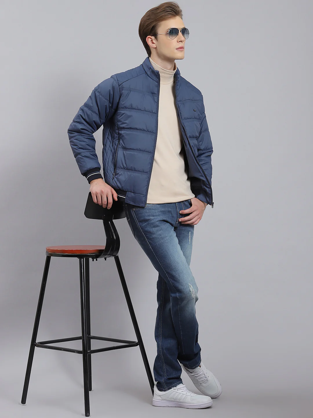 Men Navy Blue Solid Stand Collar Full Sleeve Jacket - Image 2